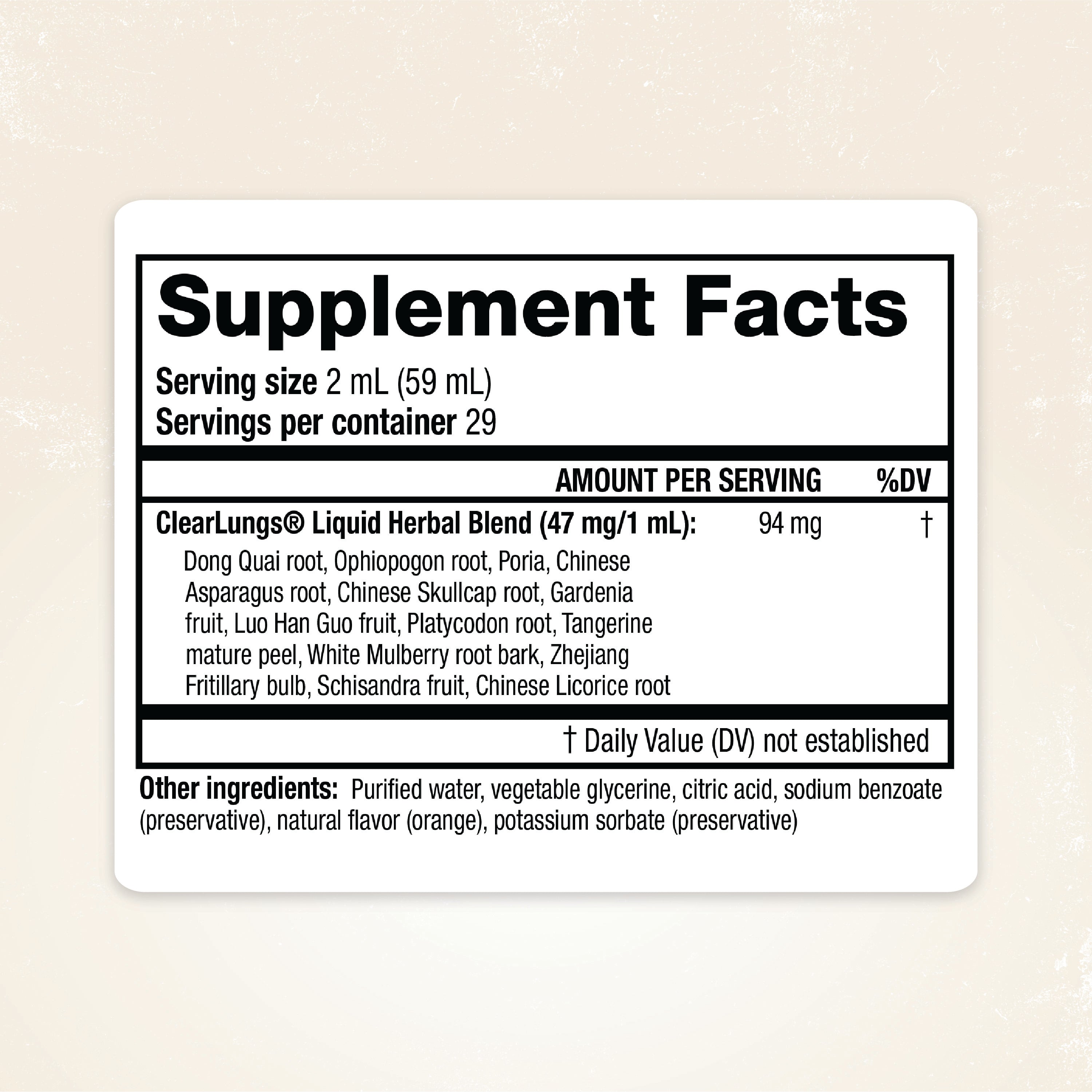 Supplement facts label for ClearLungs Liquid product