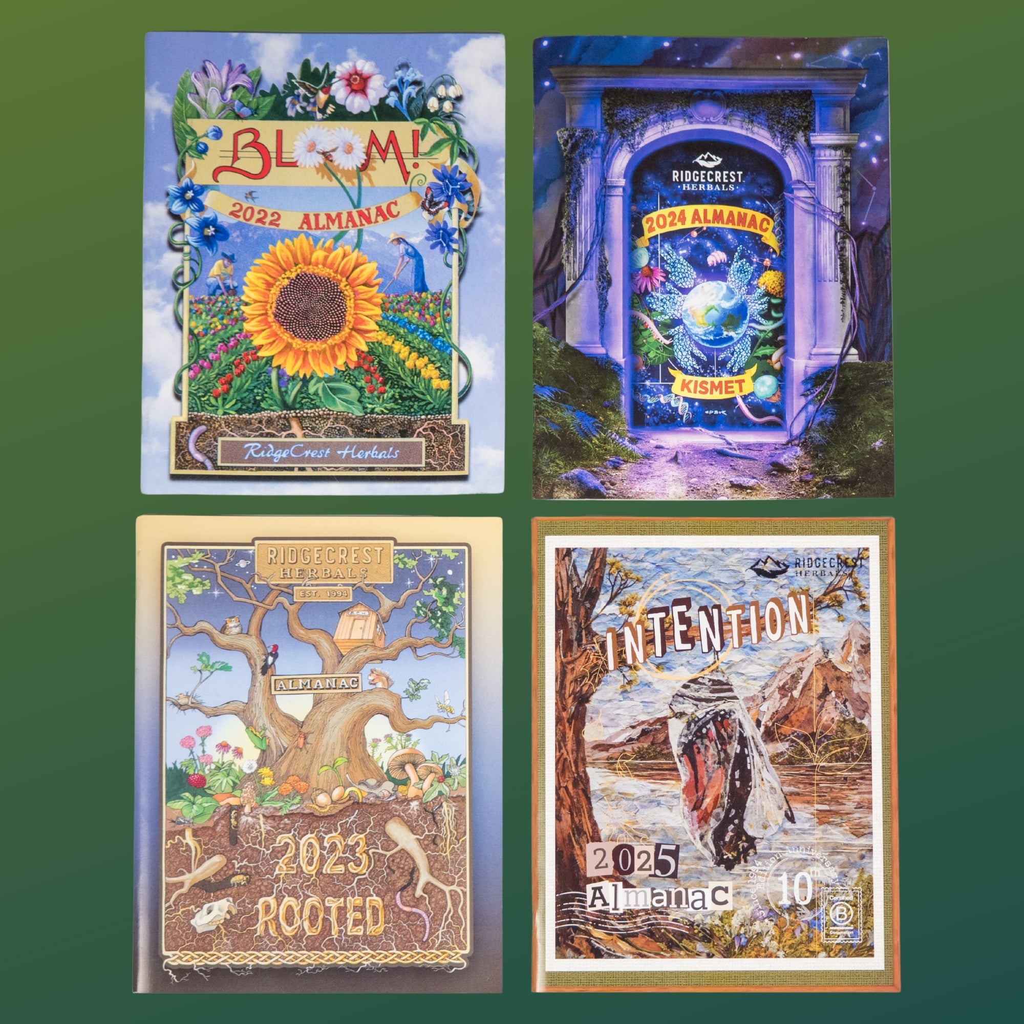 A square graphic displaying a collection of four almanac covers arranged in a grid, featuring nature scenes and titles like "Intention" and "Bloom".