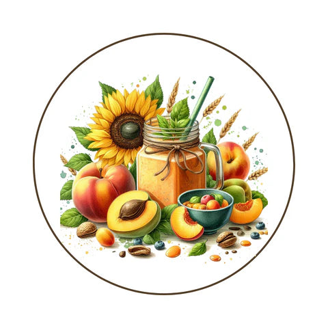 Colorful assortment of fruits, seeds, and a smoothie in a jar surrounded by sunflowers, peaches, and nuts.