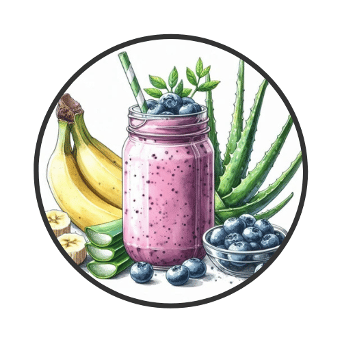 A circular icon displaying a fresh watercolor illustration of a purple blueberry smoothie in a jar. It is surrounded by healthy ingredients like bananas, cucumber slices, blueberries, and aloe vera leaves.