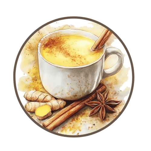 A circular icon depicting a white ceramic mug filled with a frothy, golden-yellow drink (likely turmeric milk). A cinnamon stick rests inside the mug, and pieces of ginger root and star anise lie at the base.