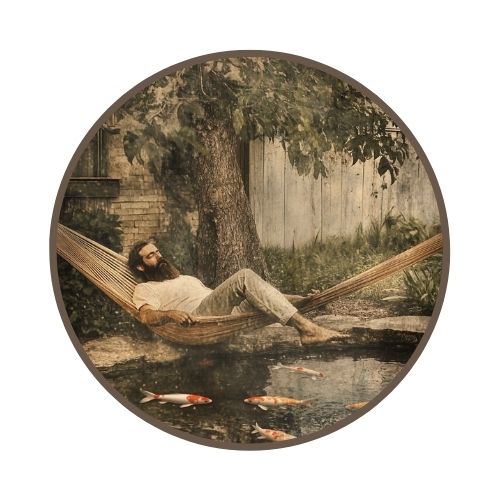 A bearded man rests peacefully in a hammock over a serene koi pond, embodying the deep relaxation and calm.
