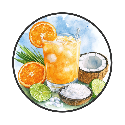 A circular icon displaying a tall glass filled with an orange-colored beverage and ice. It is garnished with orange slices and a lime wedge, with a halved coconut and green leaves sitting nearby.