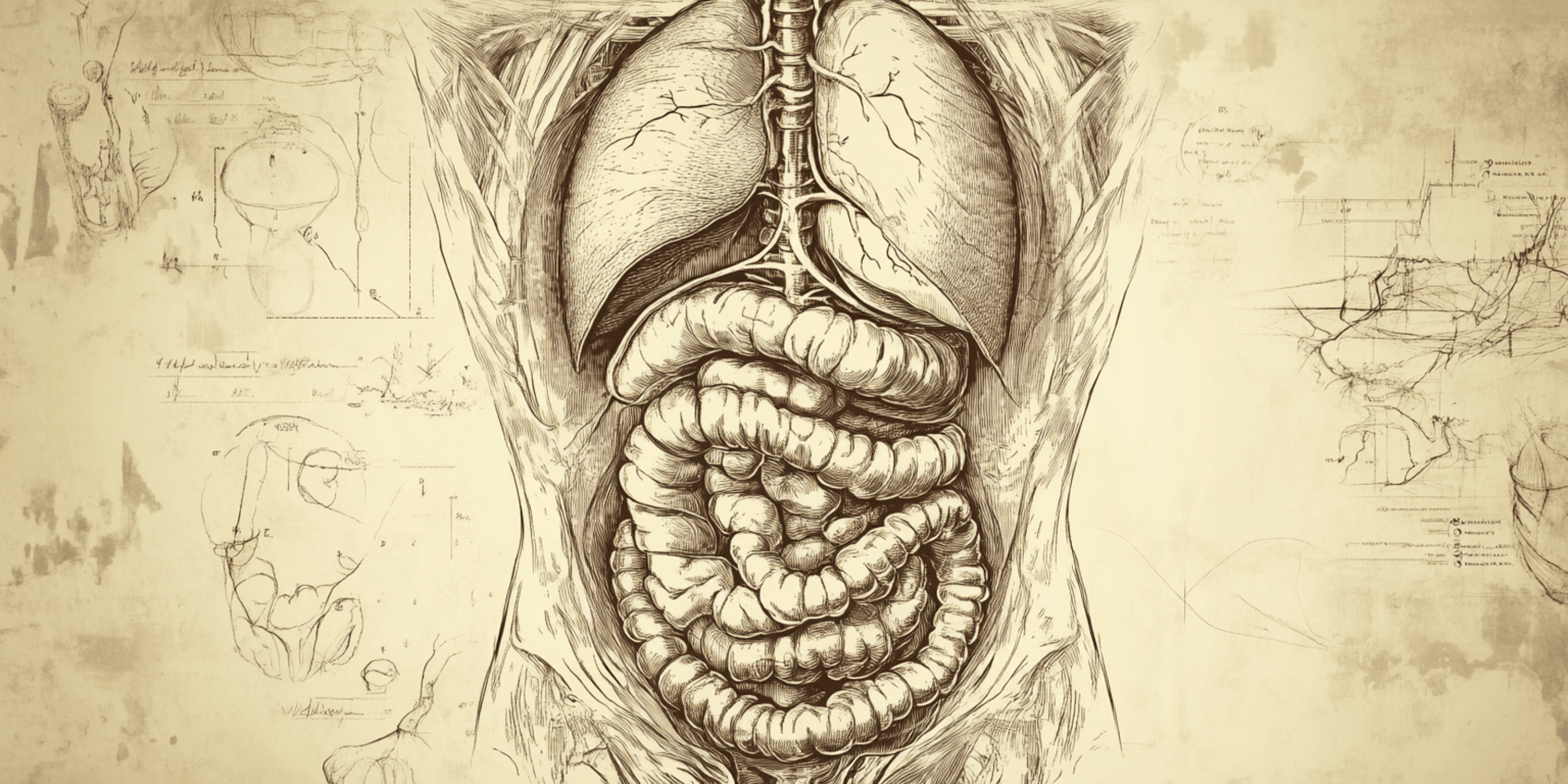 A horizontal rectangular image resembling an old parchment strip. It features a vintage, sepia-toned anatomical sketch of the human torso, specifically highlighting the digestive system (stomach and intestines).