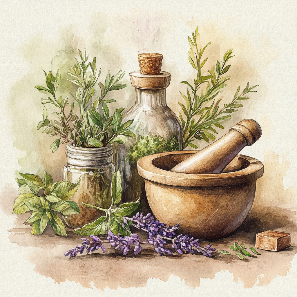 A circular icon featuring a watercolor illustration of an apothecary setting. It includes a wooden mortar and pestle, glass bottles, and sprigs of fresh lavender and rosemary on a table.