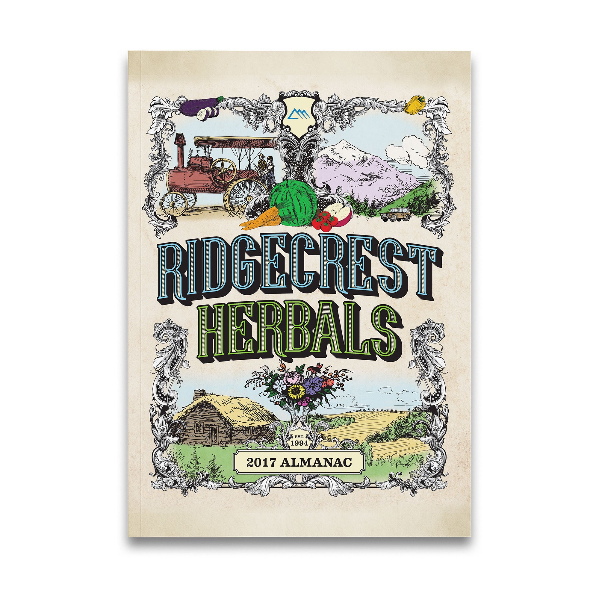 2017 almanac cover with floral frame, vintage car, mountain, cabin, on aged parchment.