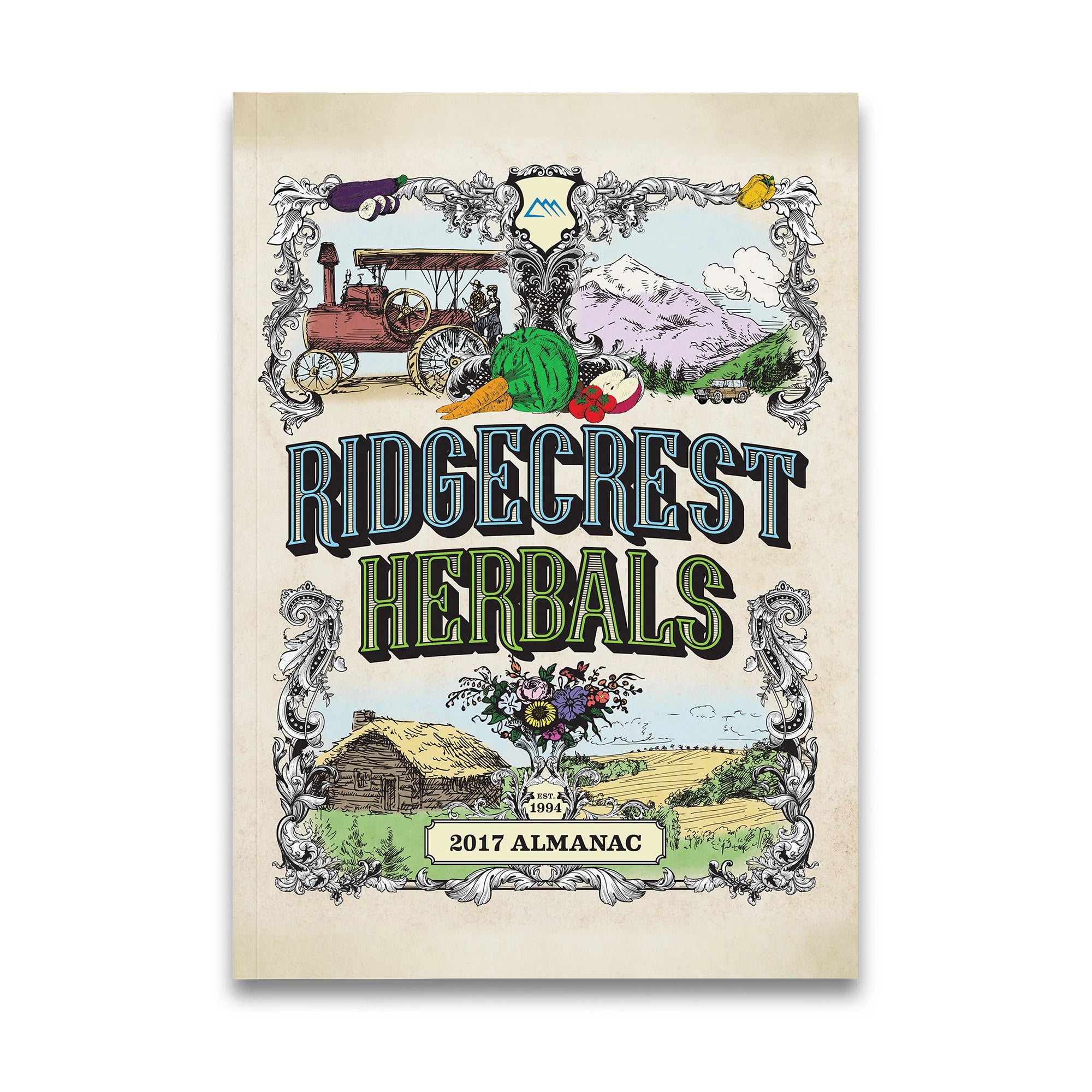 2017 almanac cover with floral frame, vintage car, mountain, cabin, on aged parchment.