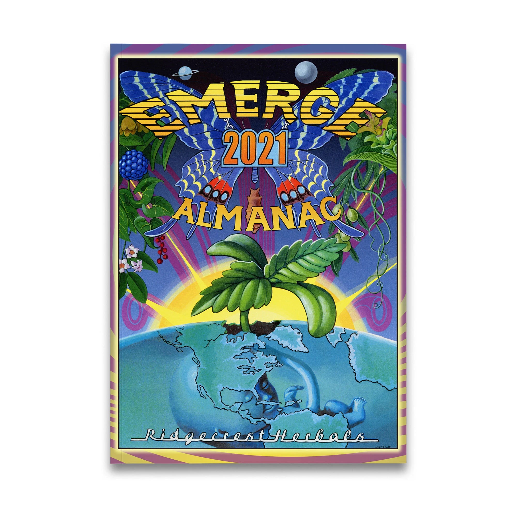 2021 'EMERGE' almanac cover with butterfly, plants, globe, and vibrant colors. One a white background.
