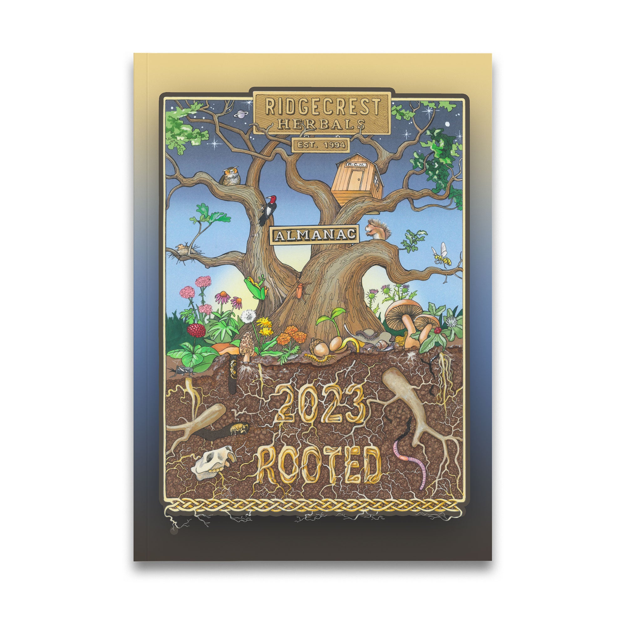 2023 'ROOTED' almanac cover featuring a detailed tree, diverse flora and fauna, and earthy tones.