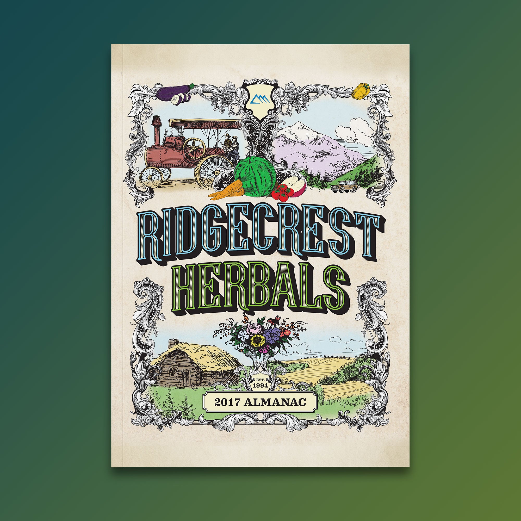 2017 almanac cover with floral frame, vintage car, mountain, cabin, on aged parchment.