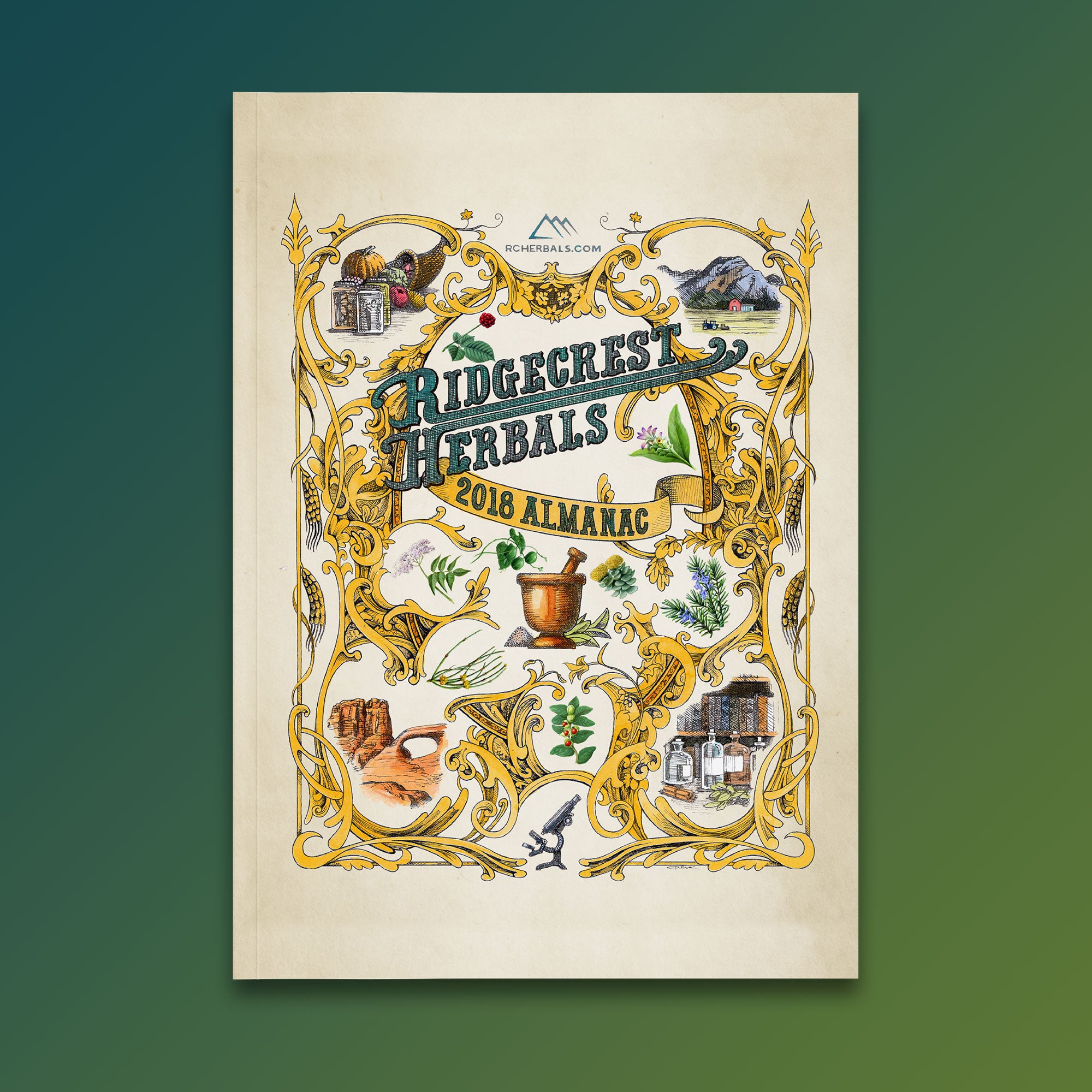 2018 almanac cover with ornate gold scrollwork, herbal illustrations, and rustic motifs on aged parchment