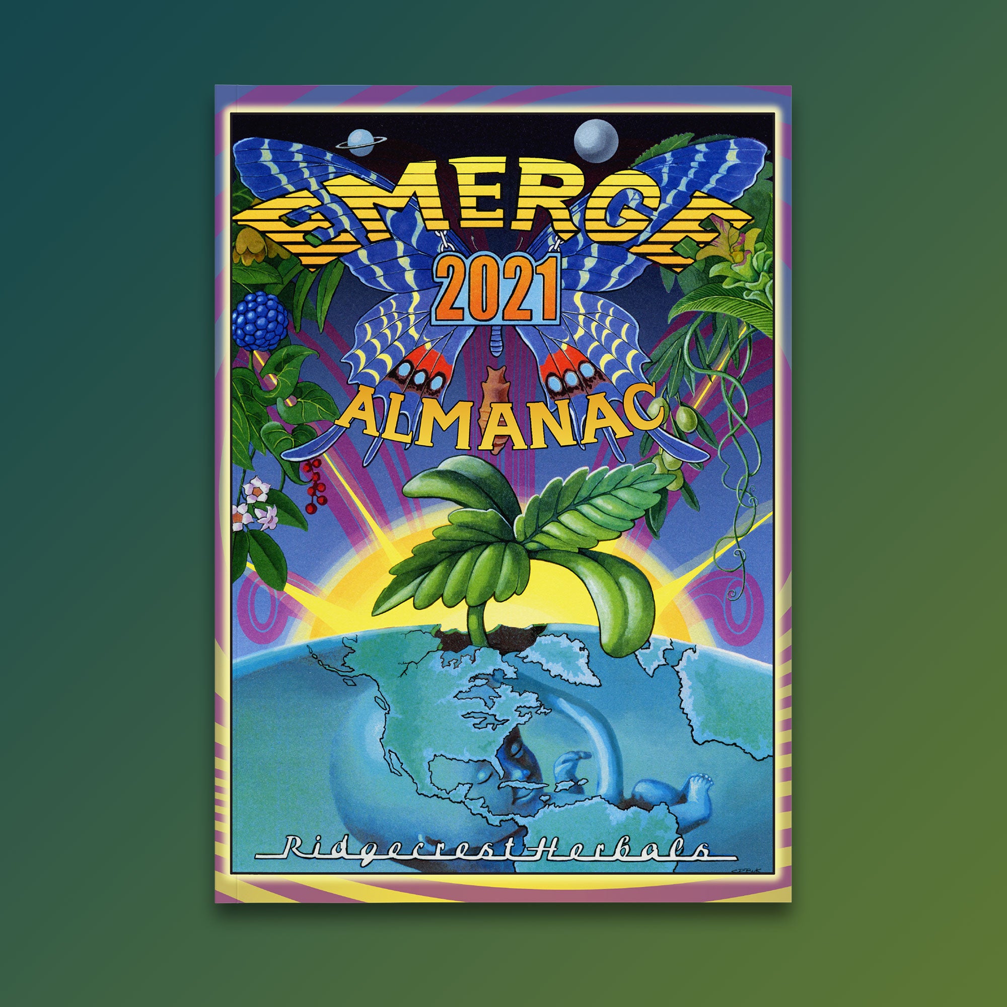 2021 'EMERGE' almanac cover with butterfly, plants, globe, and vibrant colors for a hopeful vibe.