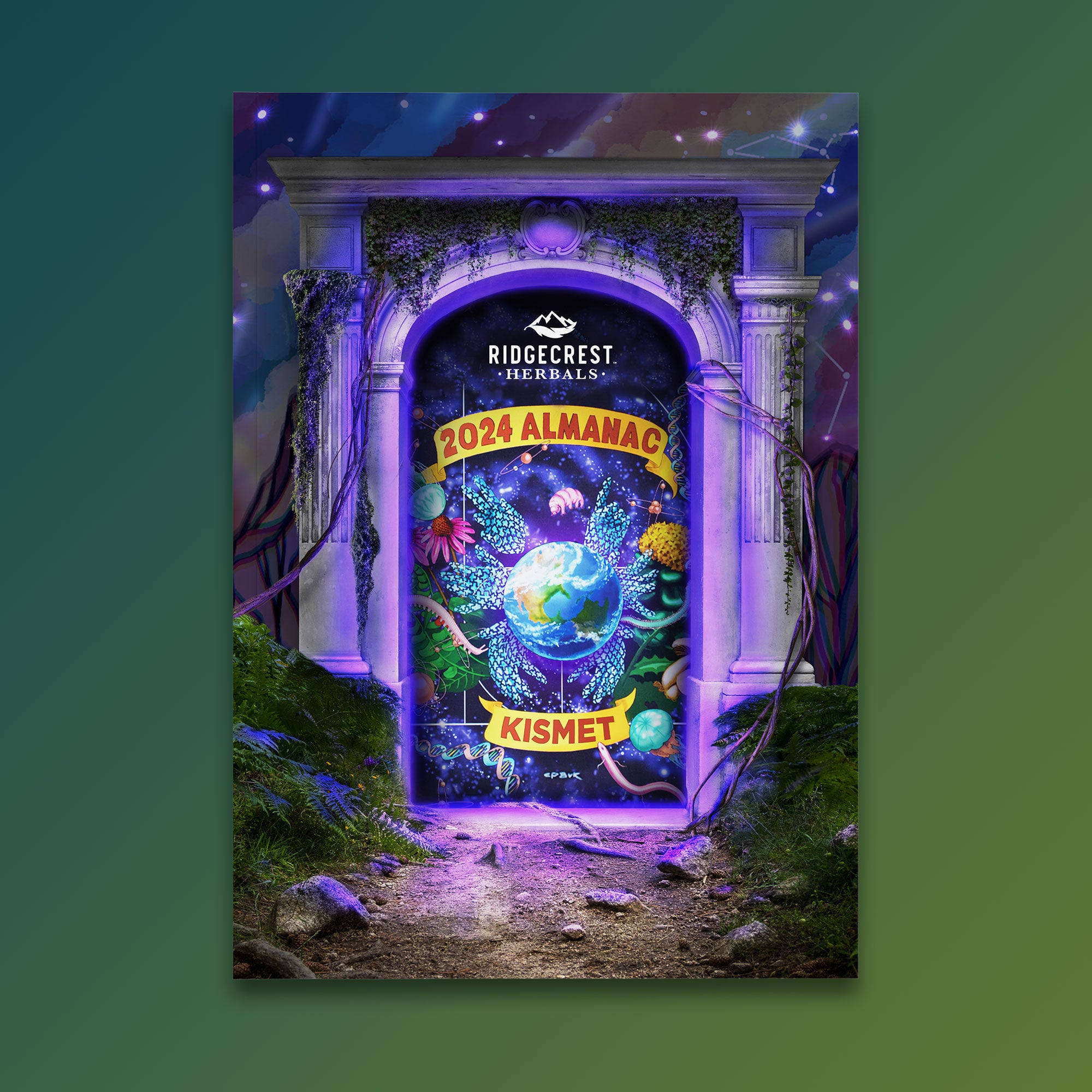 2024 'KISMET' almanac cover with mystical portal, glowing earth, lush plants, and captivating colors on a ombre green background