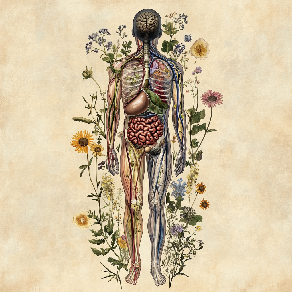 A vintage detailed anatomical illustration of the human body with muscles, organs, and veins surrounded by flowers