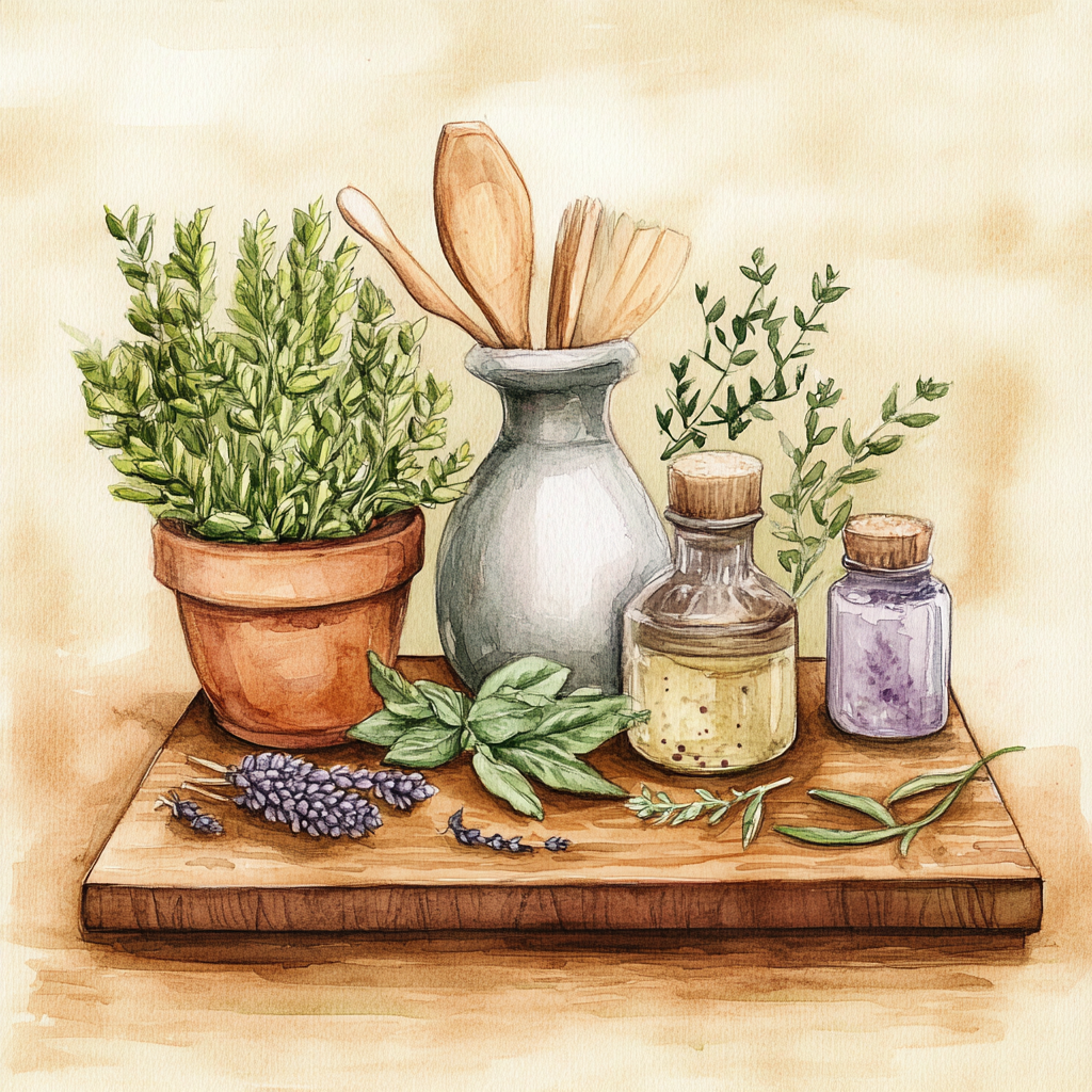 Watercolor illustration of kitchen essentials: potted herbs, wooden utensils, and small bottles of spices and oils on a wooden board.