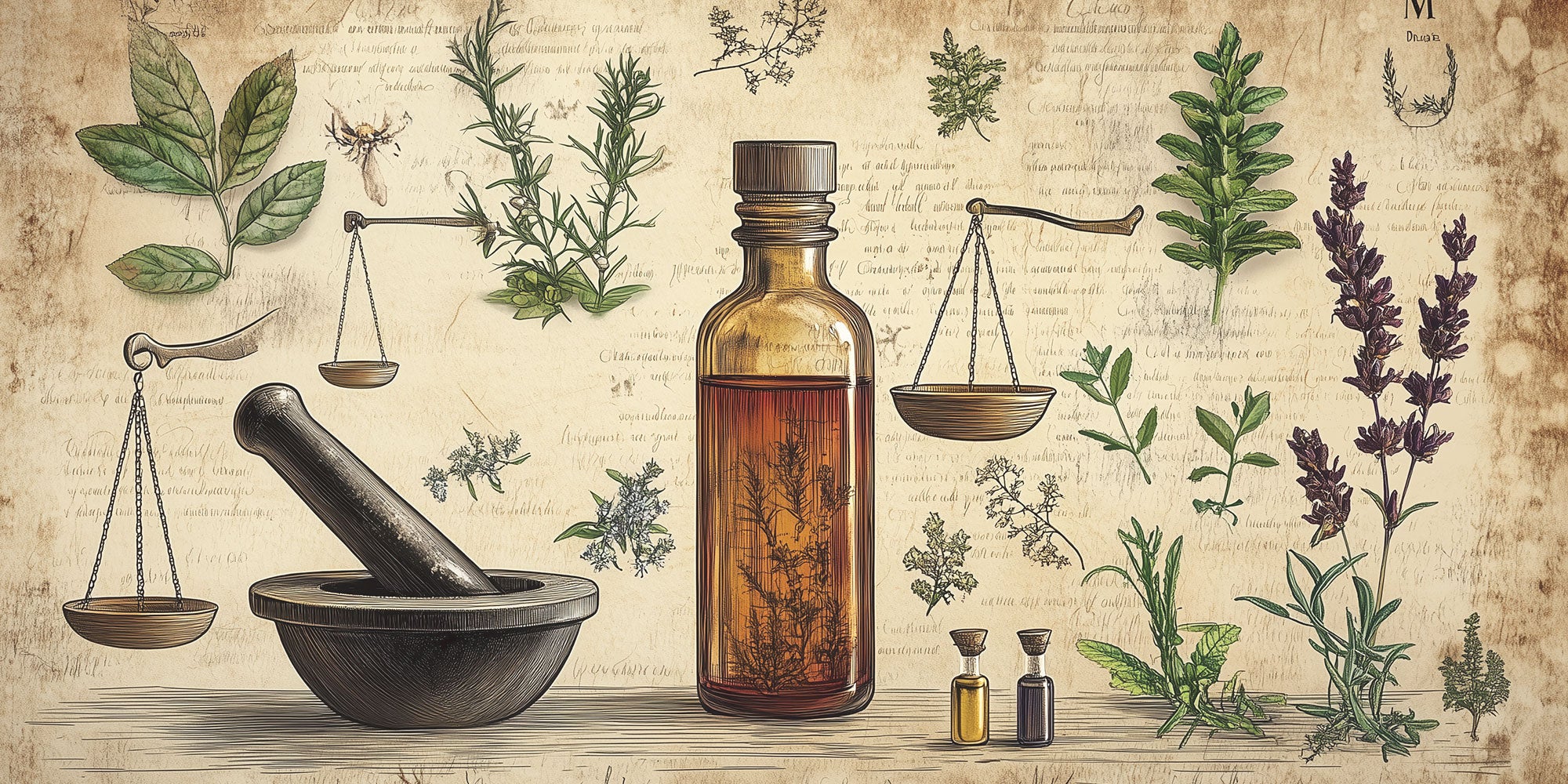 Illustration of herbs, scales, and a large glass bottle, accompanied by a mortar and pestle, with various botanical sketches on a vintage textured background