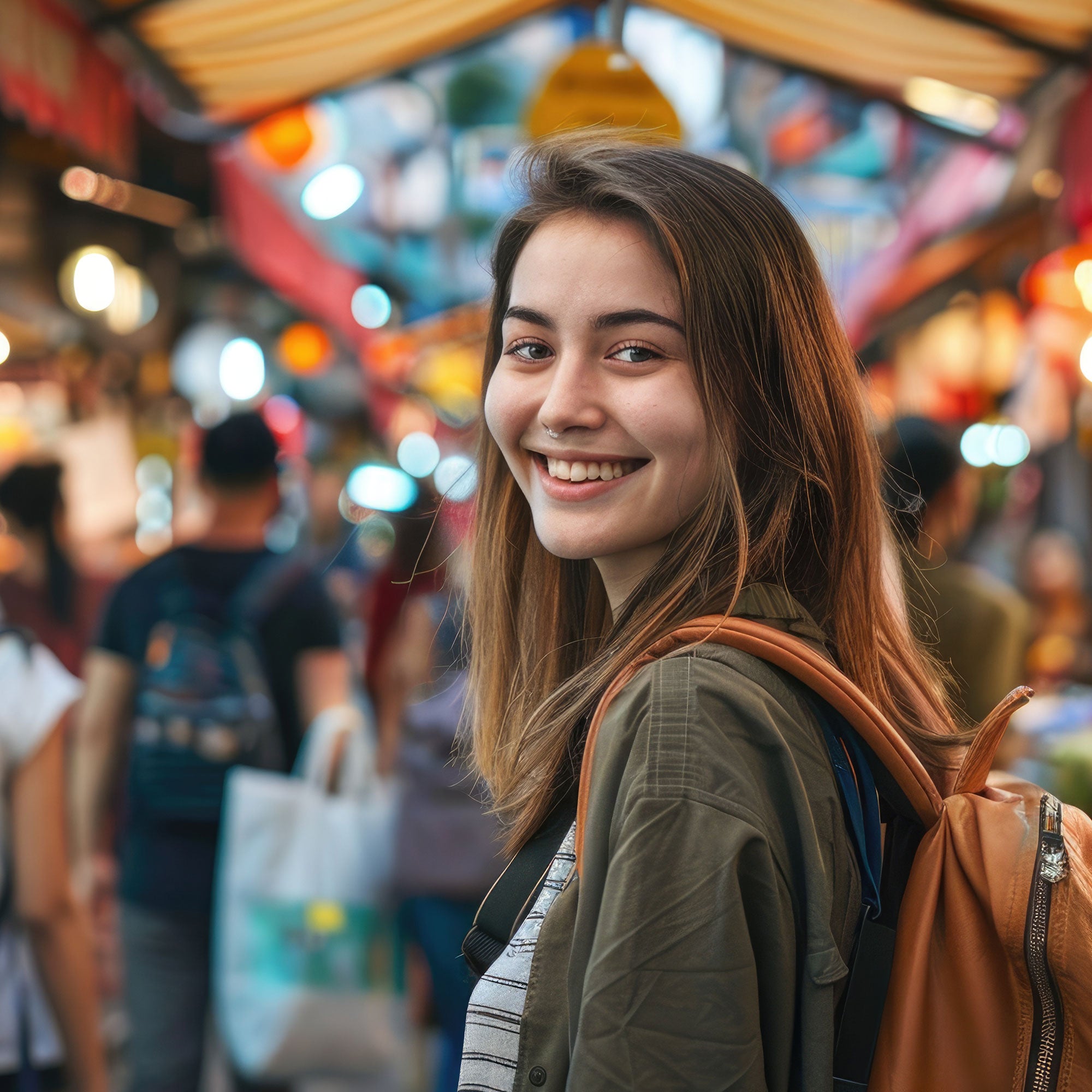Smiling young woman with long light brown hair, wearing a nose ring and a tan backpack, walks through a vibrant, crowded market.