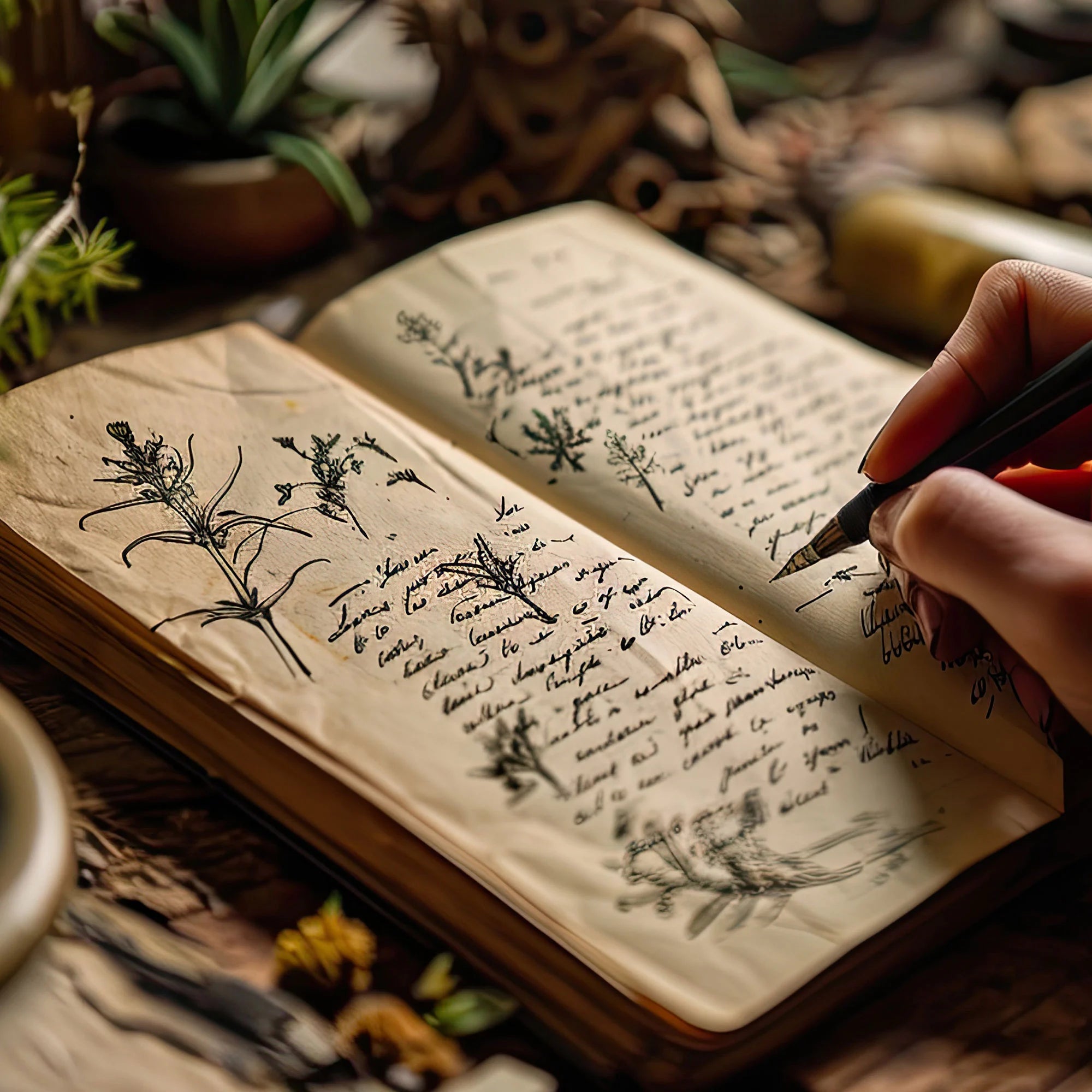 Hand writing in a vintage journal with botanical sketches, surrounded by plants and natural elements, creating a rustic and creative ambiance