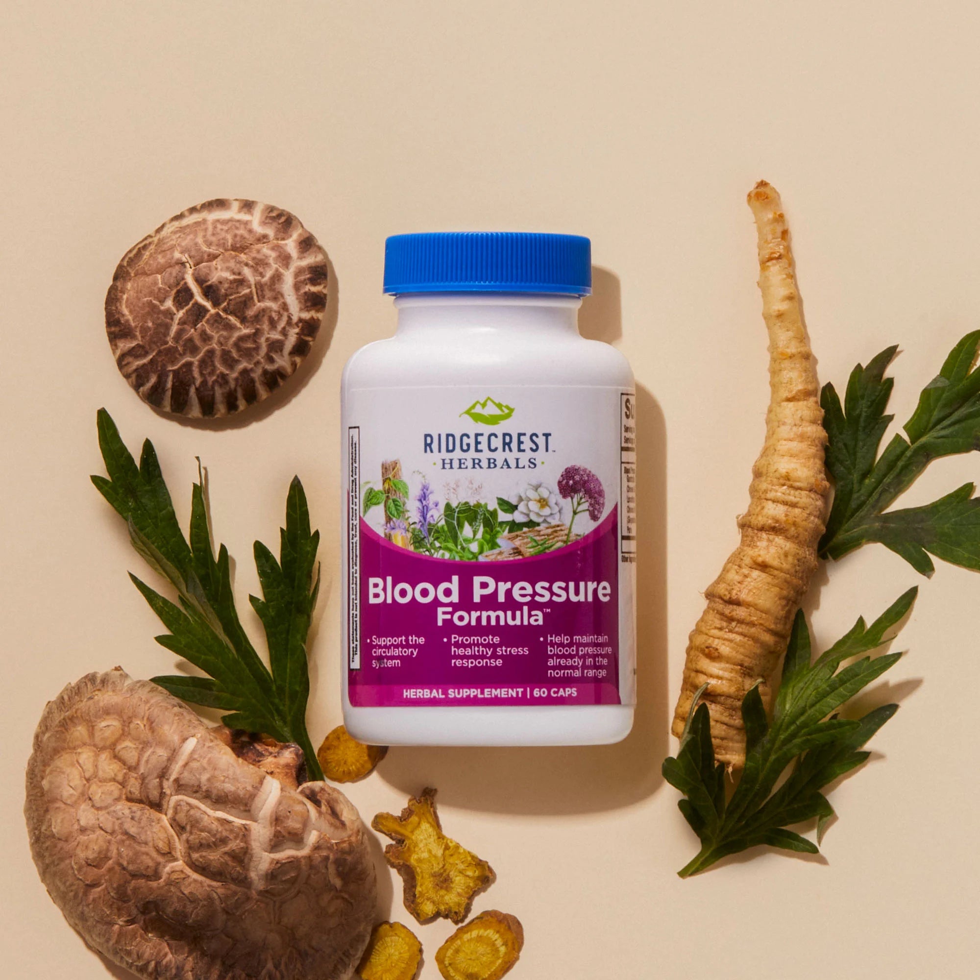 RidgeCrest Blood Pressure Formula bottle displayed on a beige background with shiitake mushrooms, sliced roots, and green herbal leaves arranged around it.