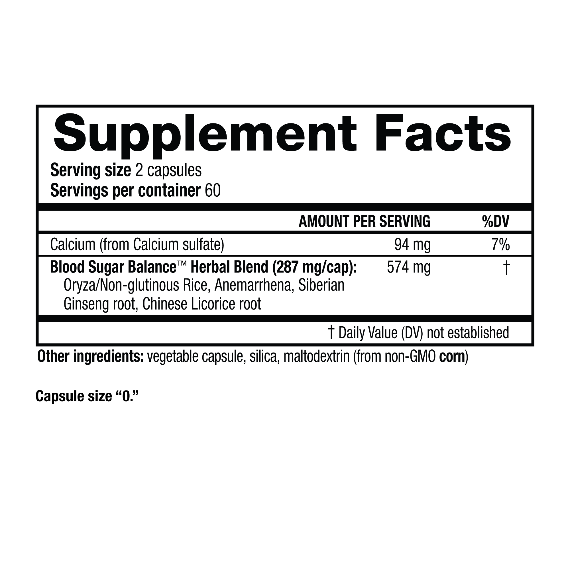A standard black-and-white "Supplement Facts" panel graphic for Blood Sugar Balance.