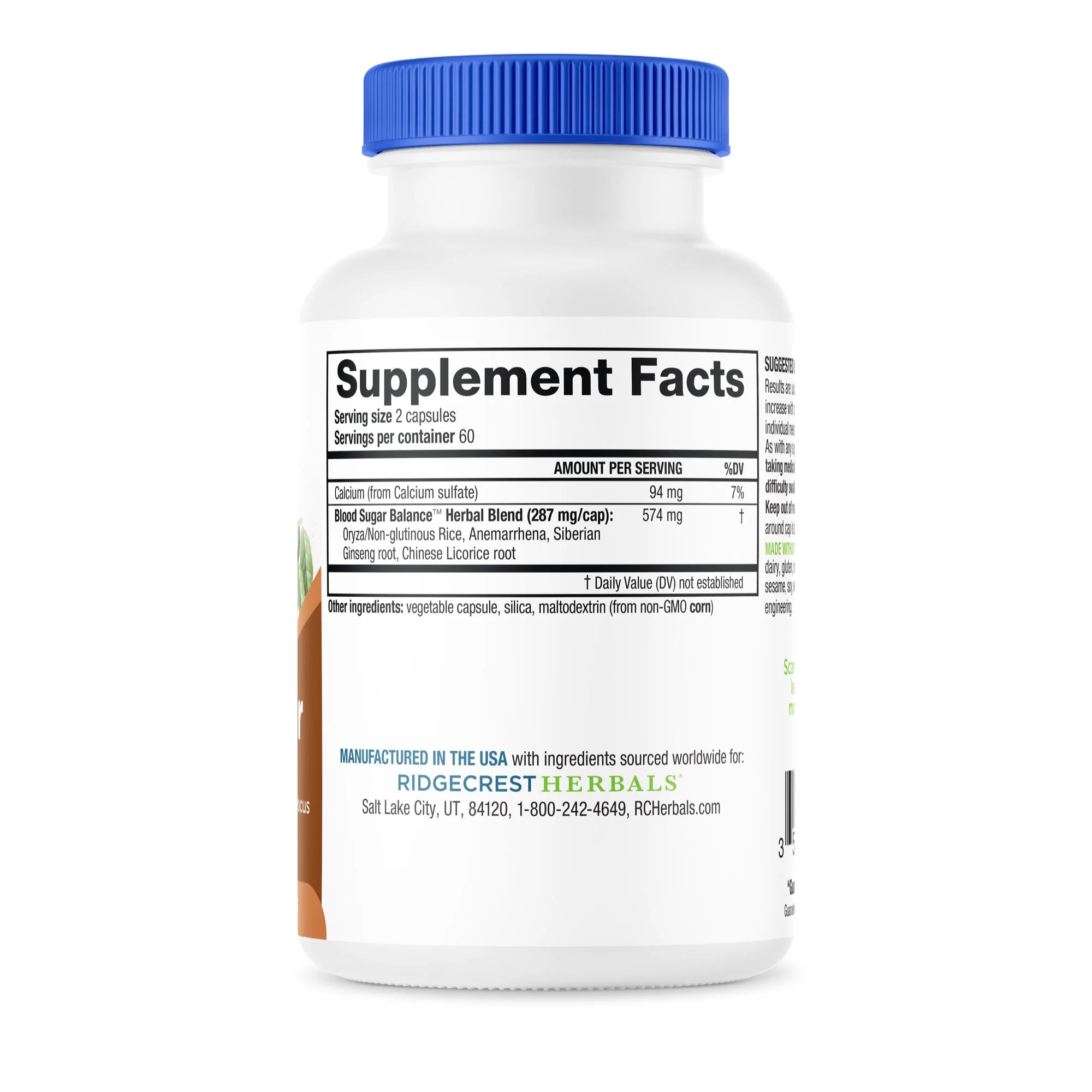 Close-up of Blood Sugar Balance's nutrition label showing detailed ingredient and dosage information.