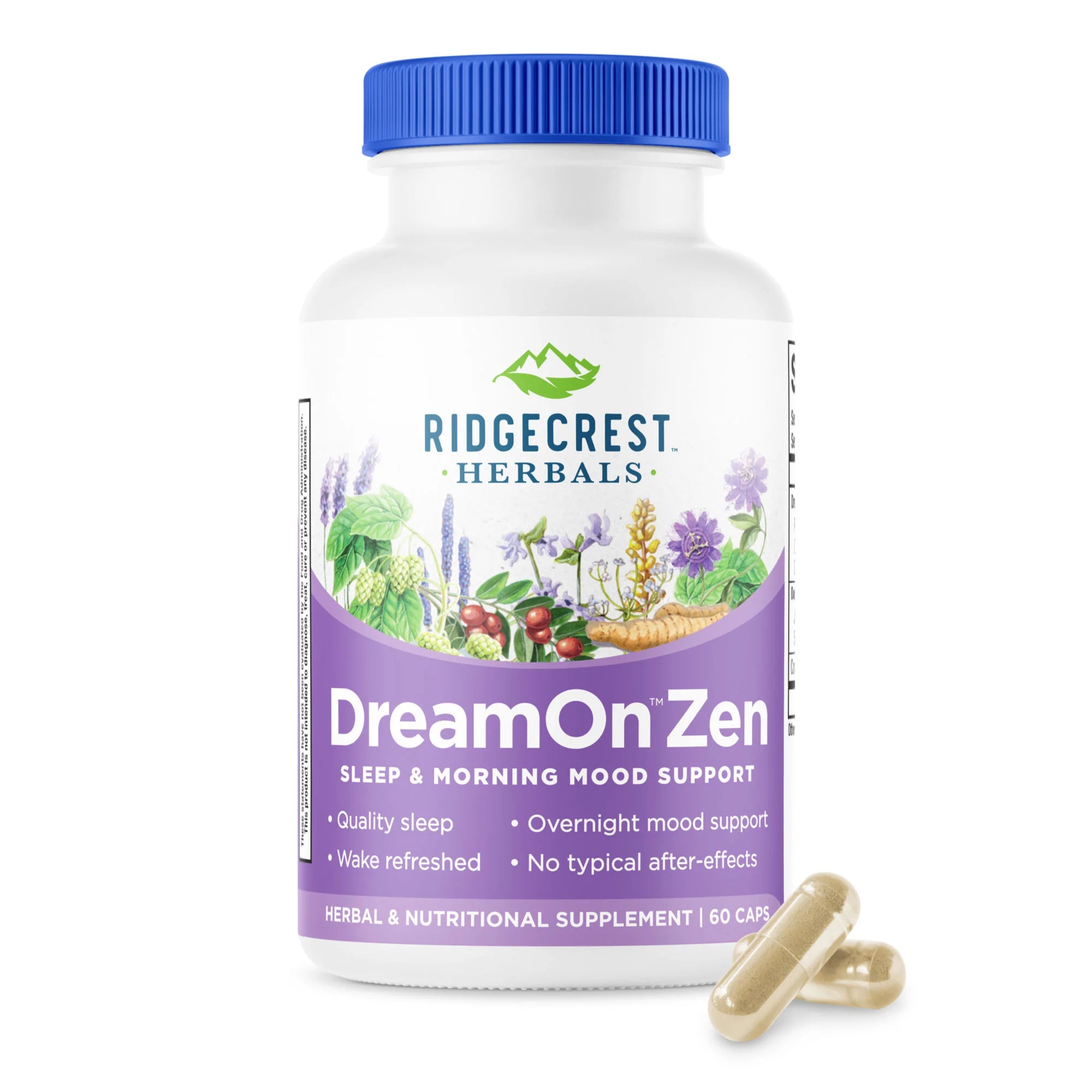 DreamOn Zen supplement bottle on a white background, with two capsules in front