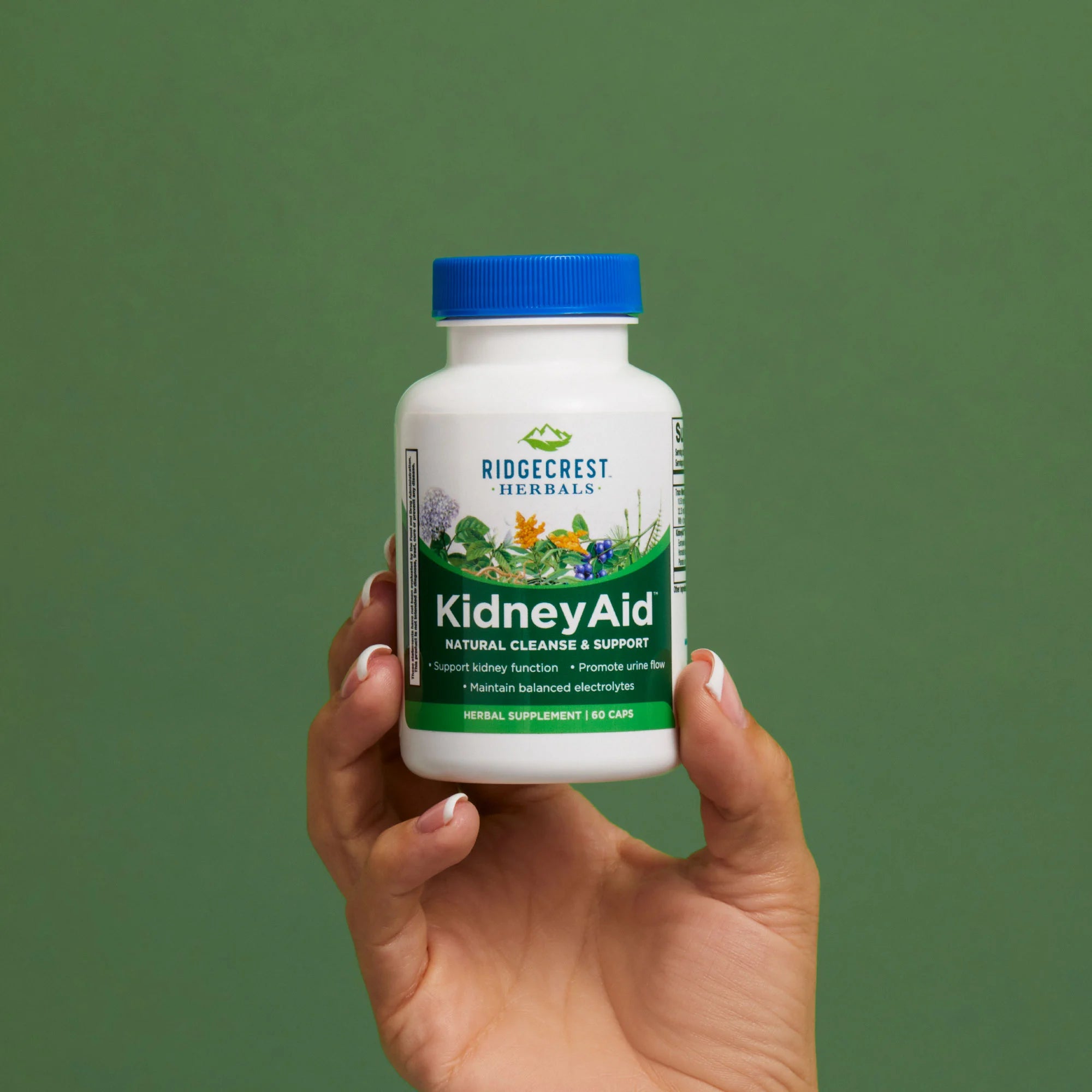 A manicured female hand holds a bottle of KidneyAid against a green background
