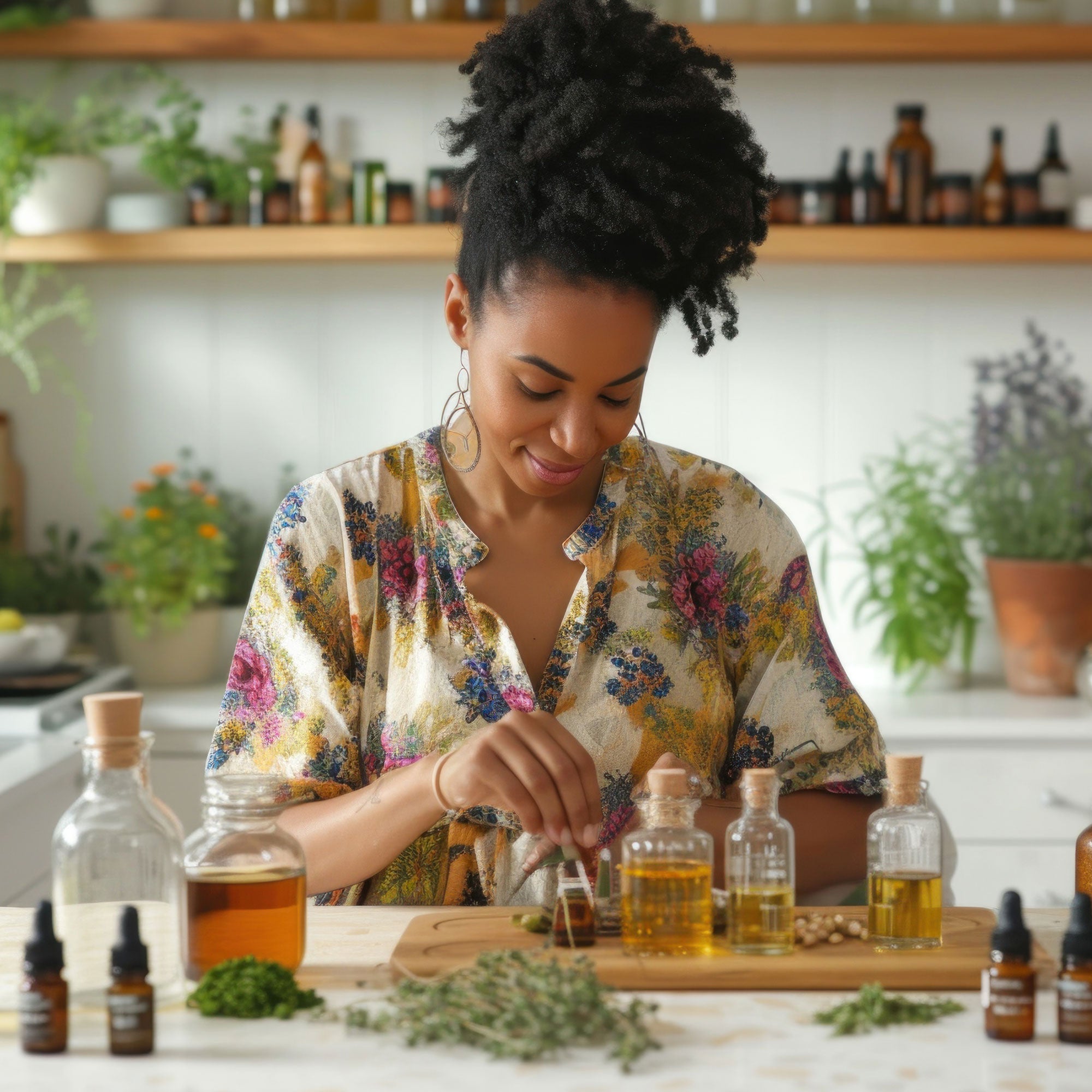 A woman prepares natural remedies surrounded by plants and oils against a blurred background of a white calm kitchen.