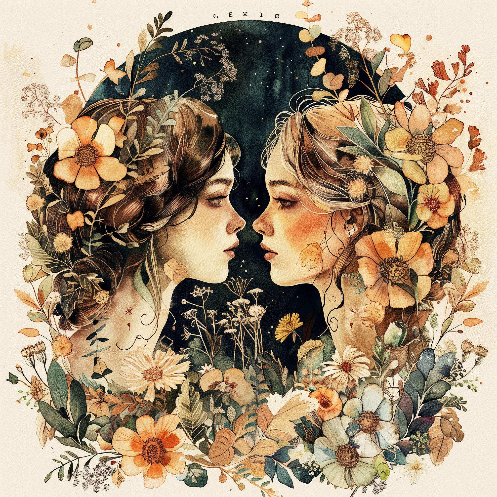 Elegant and detailed illustration of two mirrored faces surrounded by floral details for the Gemini zodiac sign