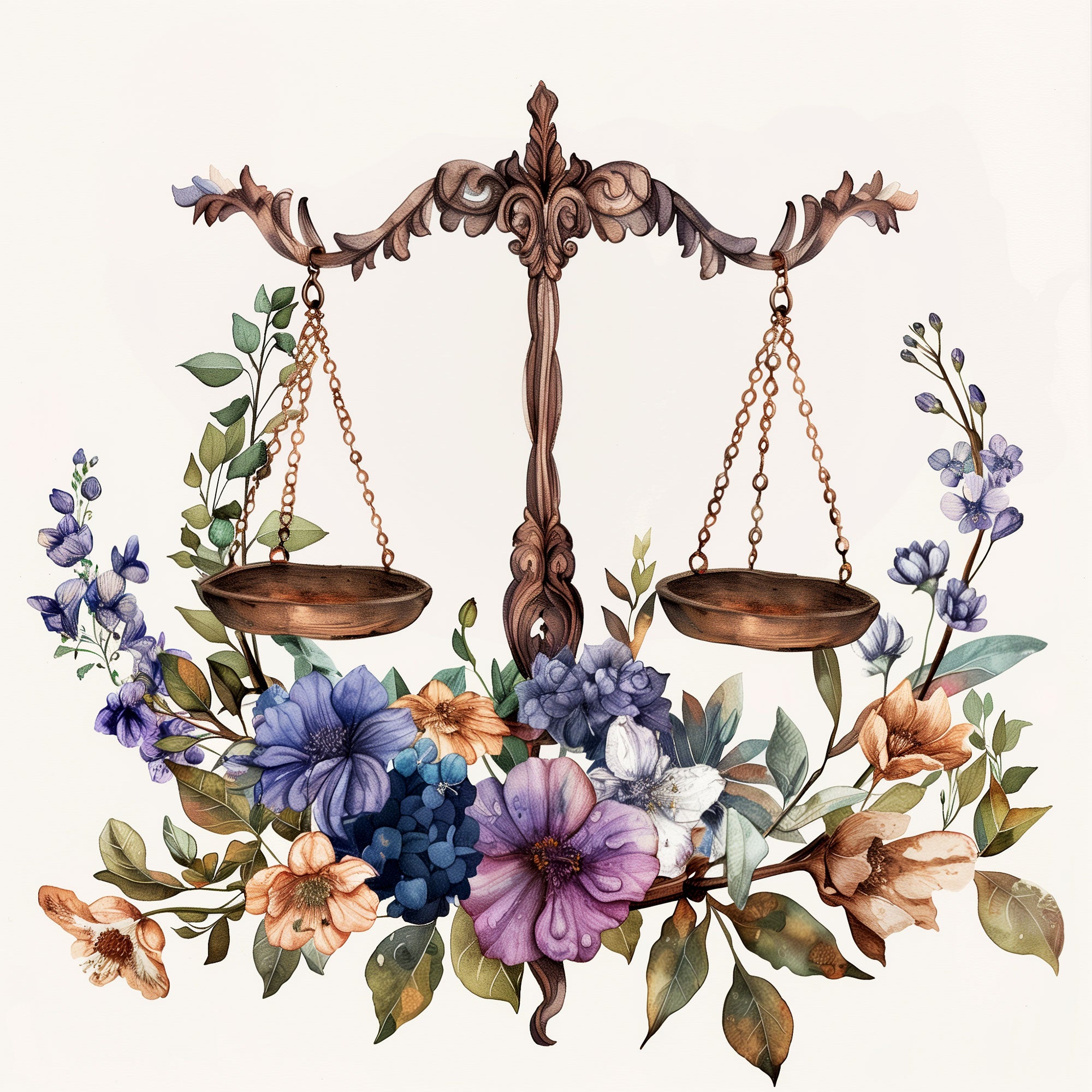 A bronze balance scale surrounded by colorful flowers for the Libra star sign