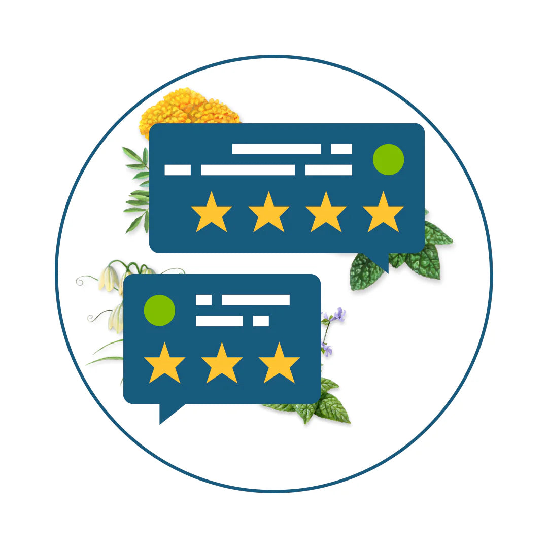 A flat design image with two blue review boxes with five-star ratings, set against botanical illustrations.