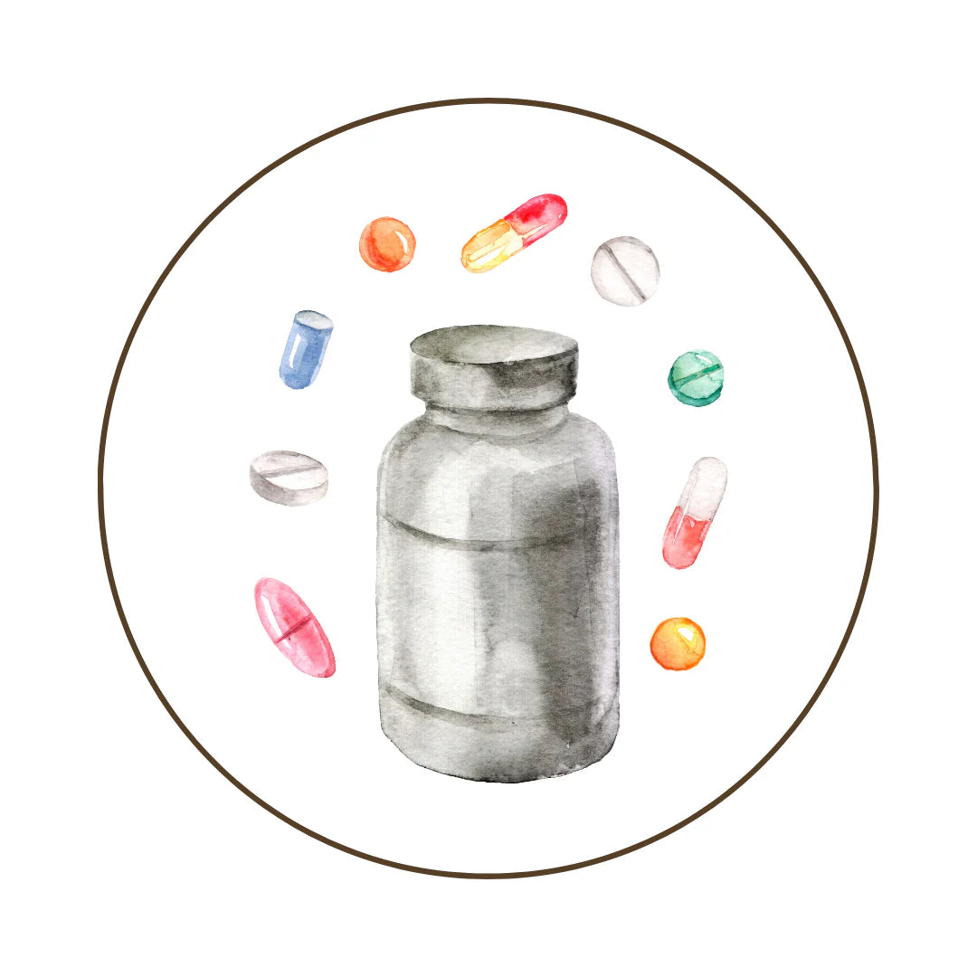 A watercolor-style image of a gray supplement bottle surrounded by colorful pills and capsules in various shapes and sizes.