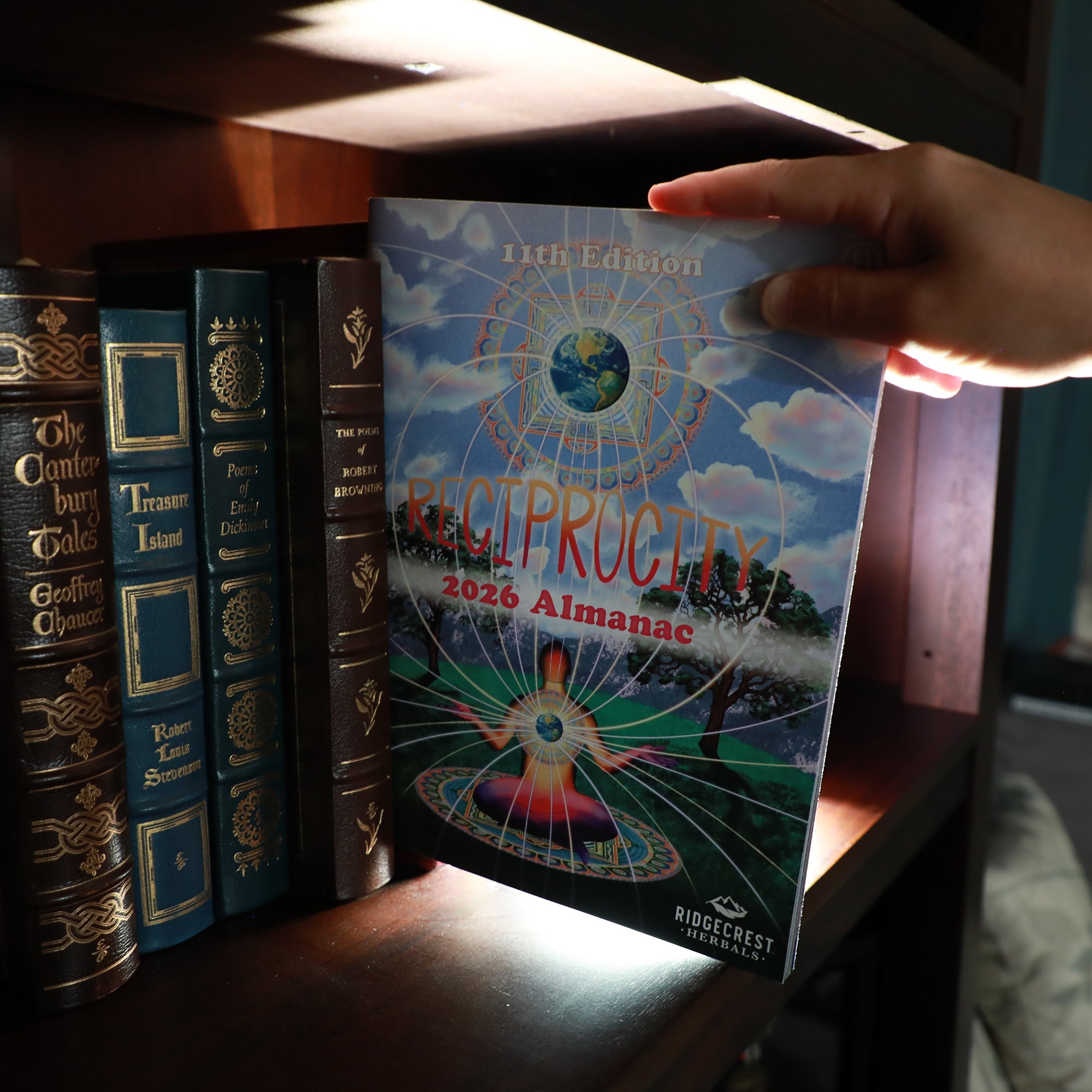 The 2026 RidgeCrest Herbals Almanac standing on a wooden bookshelf, nestled among other hardcover books.