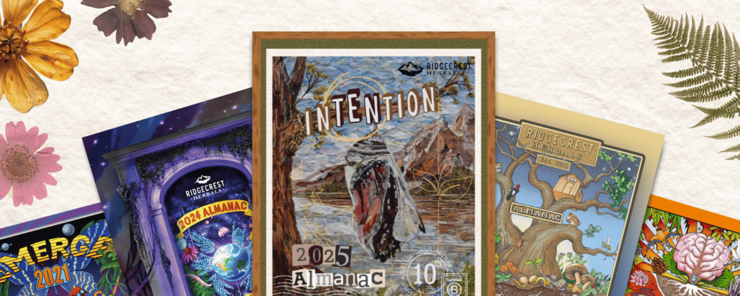 A horizontal rectangular photograph or illustration of several Almanac covers laid out on a white surface, featuring nature and animal illustrations.