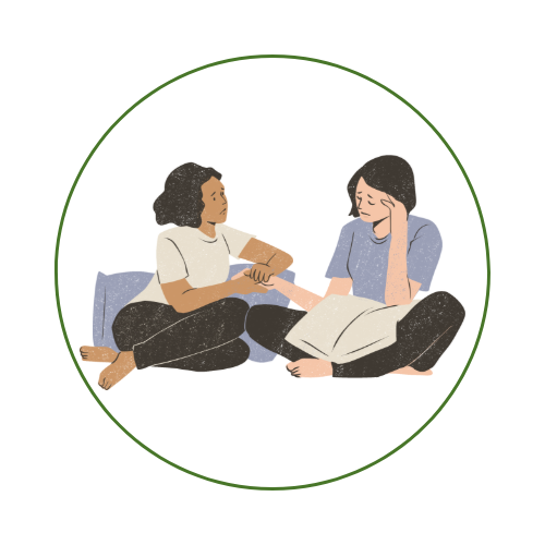 An illustration of two women sitting cross-legged, one comforting the other by holding her hand, with soft, neutral tones