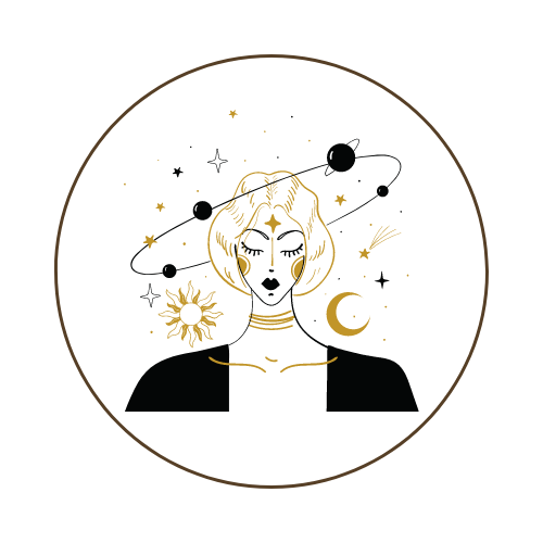 A minimalist illustration of a woman with cosmic elements orbiting her head, in black, white, and gold tones.