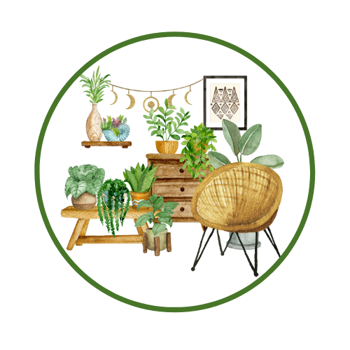 A cozy corner flat design image featuring indoor plants, a wooden dresser, a woven chair, and nature-themed wall art