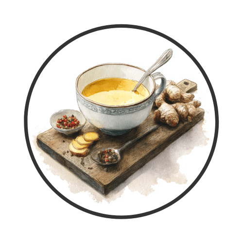 A circular watercolor illustration of a bowl of golden-yellow soup or "golden milk" with a spoon, resting on a wooden board alongside ginger root and turmeric.