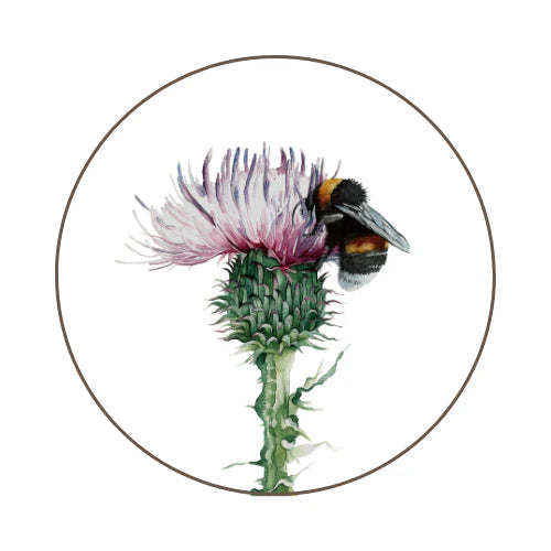 A delicate watercolor illustration of a bumblebee collecting nectar from a blooming thistle