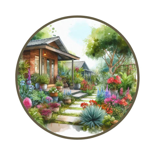 A watercolour style illustration of a garden with vibrant flowers and plants surrounding a cozy home.