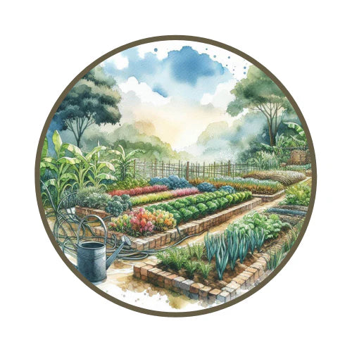 A watercolour style illustration of a lush garden with rows of vegetables and plants, surrounded by trees and a watering can in the foreground.