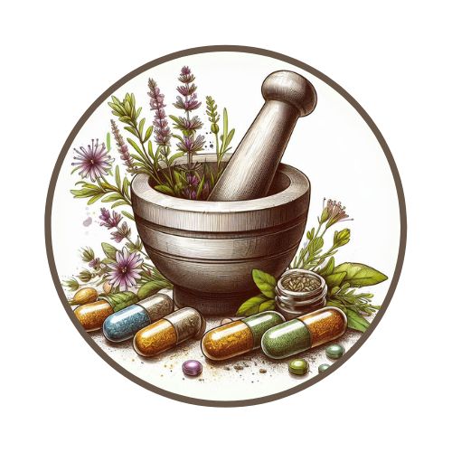 Illustration of a mortar and pestle surrounded by herbs and colorful supplement capsules.