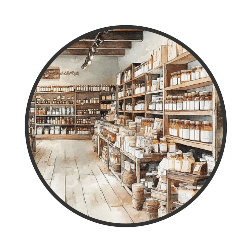 A circular watercolor illustration of the interior of a rustic apothecary shop, with wooden shelves lined with glass jars, bottles, and dried herbs.