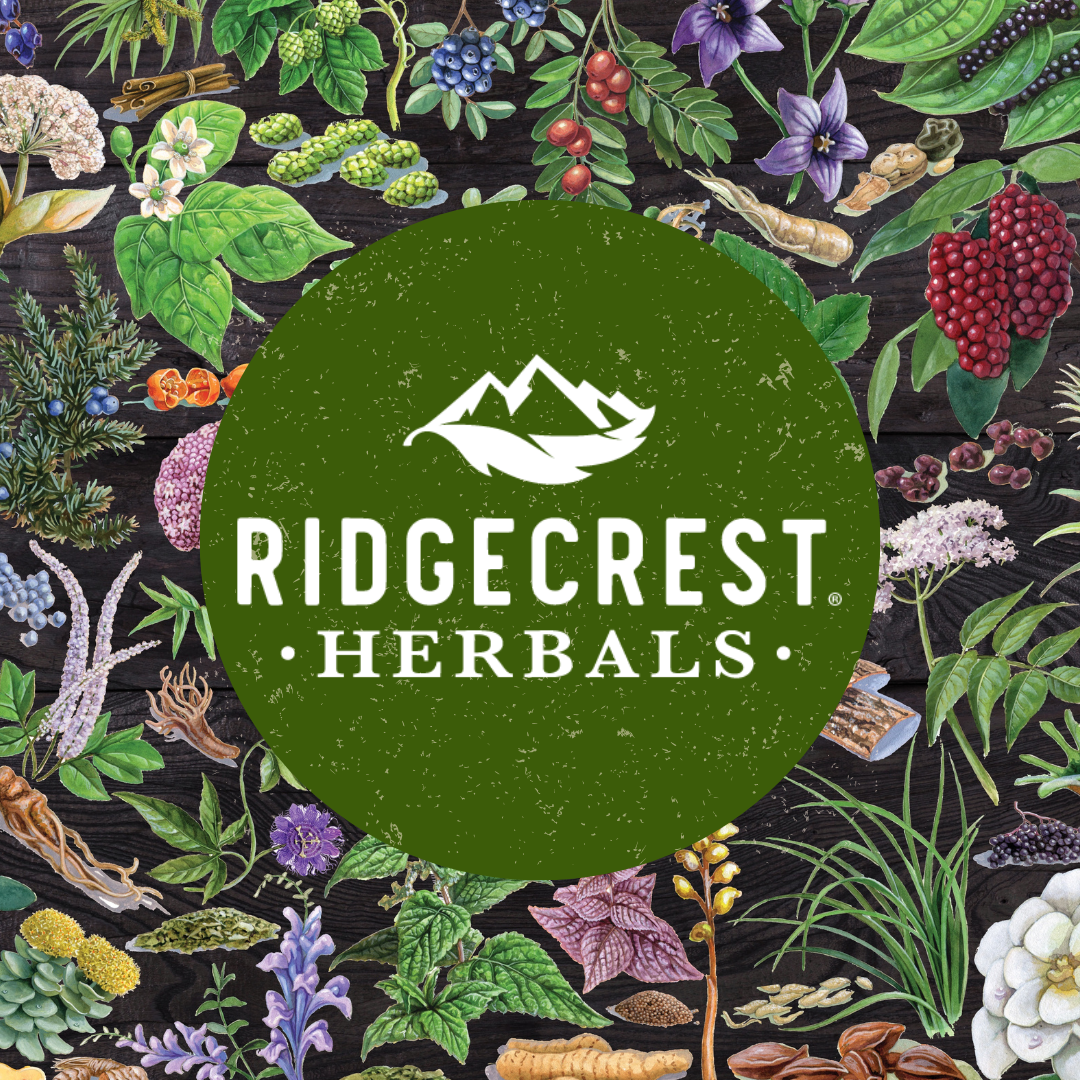 RidgeCrest Herbals logo centered on a background filled with illustrations of various herbs, plants, and natural elements