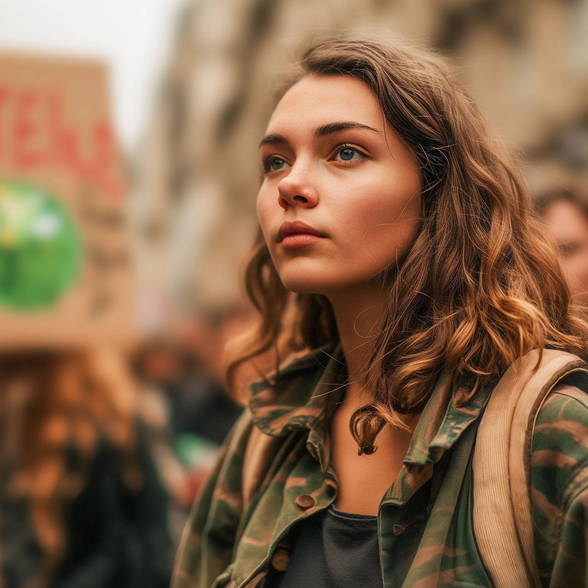 Focused young woman at an environmental protest, holding a sign, in a busy urban setting.