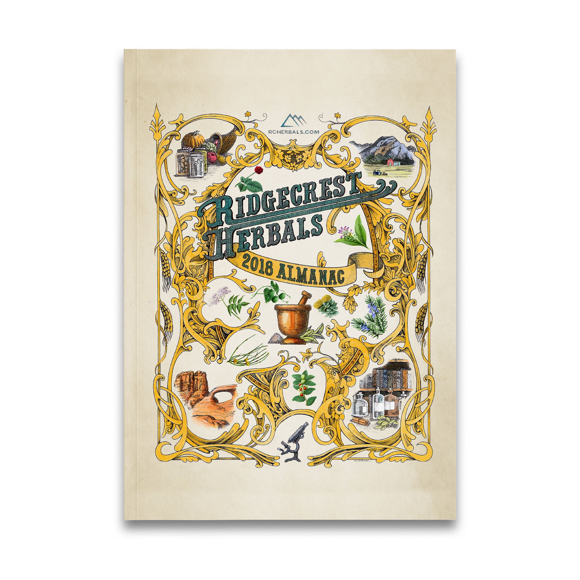 2018 almanac cover with ornate gold scrollwork, herbal illustrations, and rustic motifs on aged parchment