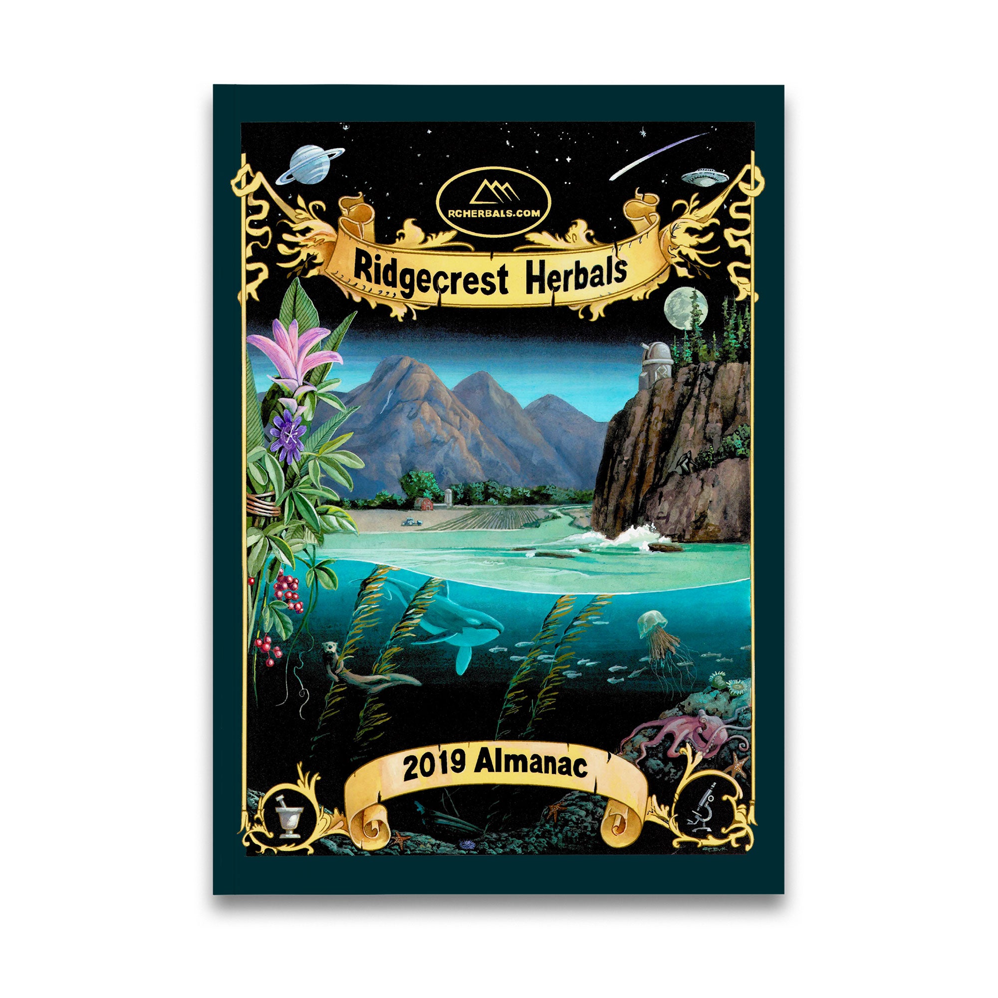 2019 almanac cover with vibrant mountain landscape, underwater scene, and lush flora on a dark background