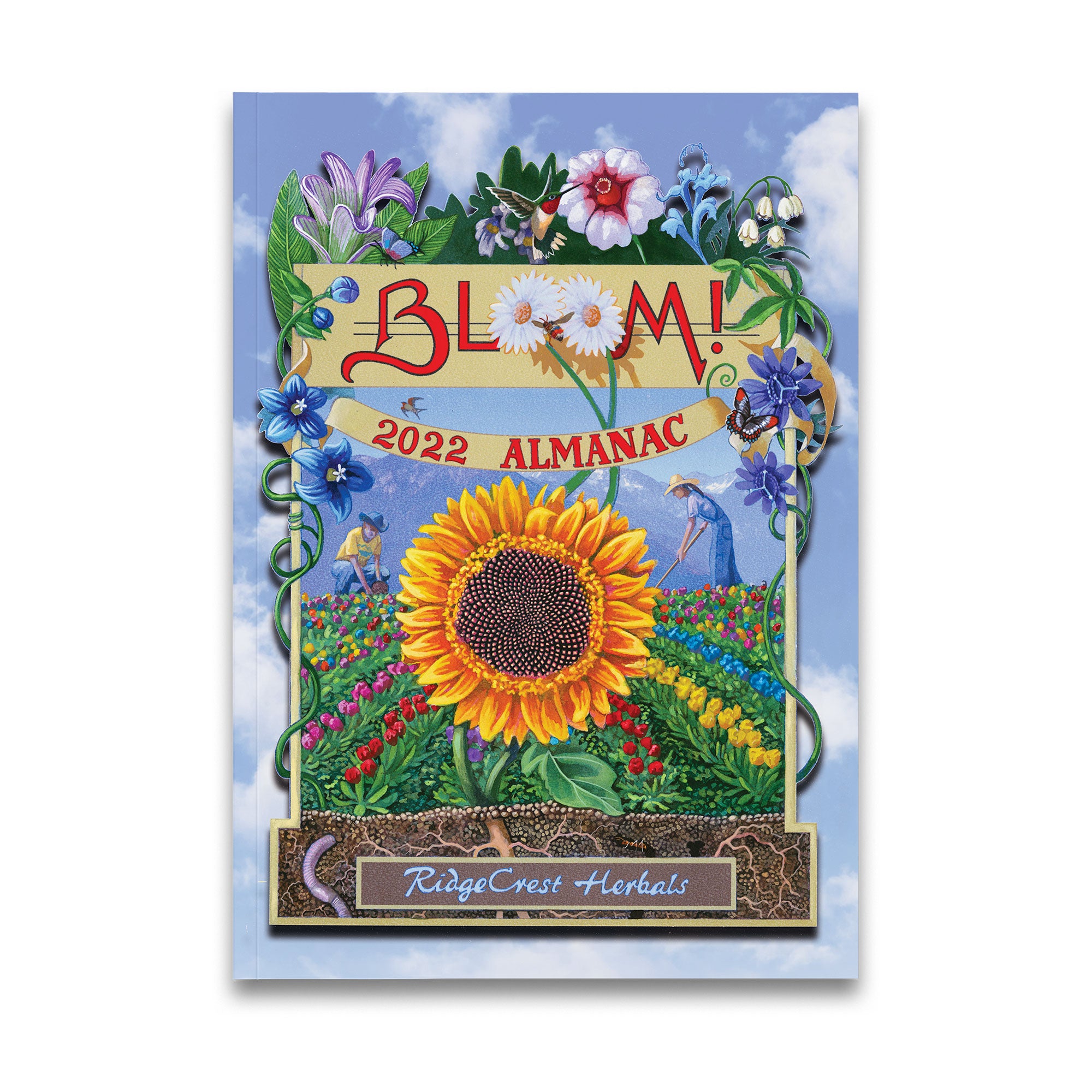 2022 'BLOOM' almanac cover with sunflower, mixed flowers, and vivid blue sky