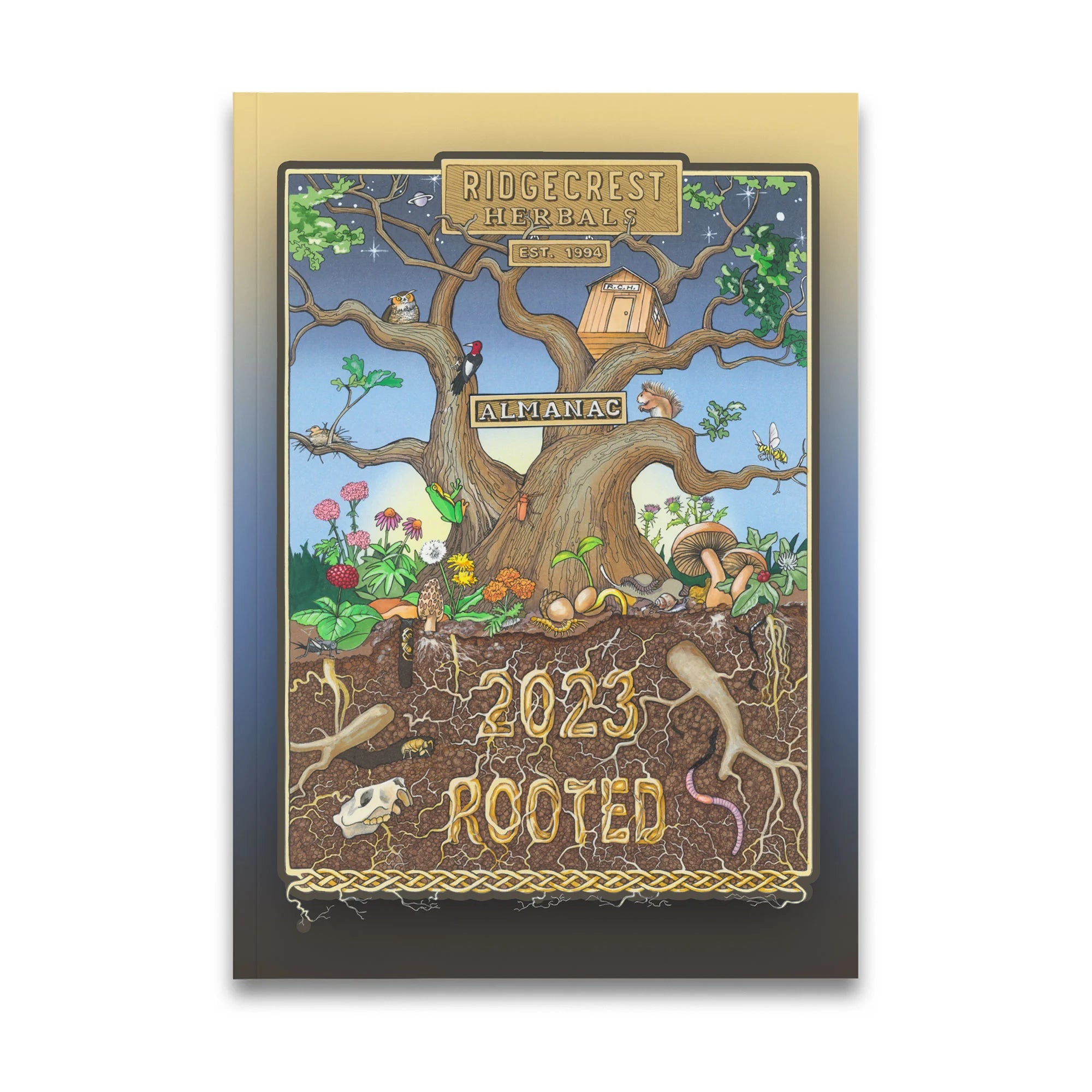 2023 'ROOTED' almanac cover featuring a detailed tree, diverse flora and fauna, and earthy tones on a white background.