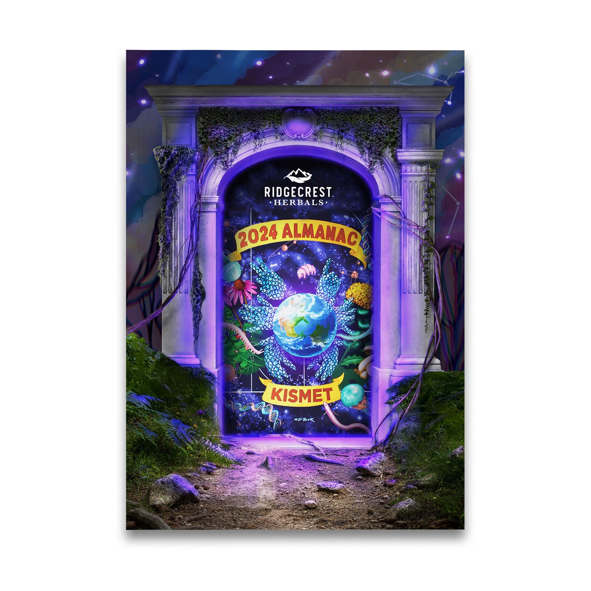 2024 'KISMET' almanac cover with mystical portal, glowing earth, lush plants, and captivating colors with ombre green background 